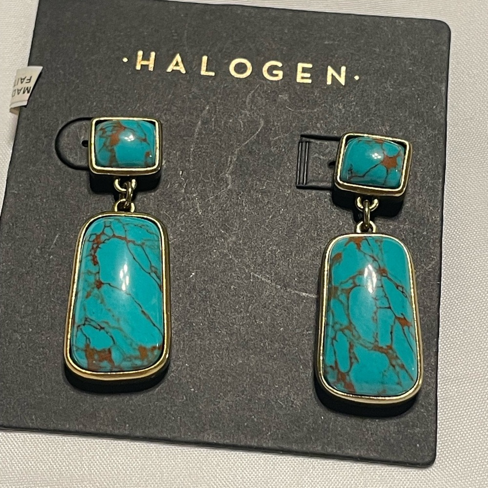 Halogen Turquoise and Brown Vein Drop Earrings with Gold-tone Trim